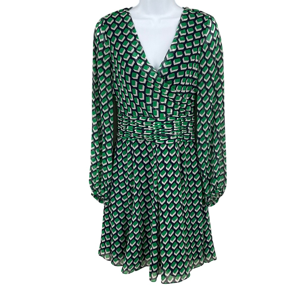 Diane von Furstenberg Dress Women 4 Green Silk Geometric Faux Wrap Mini Vintage